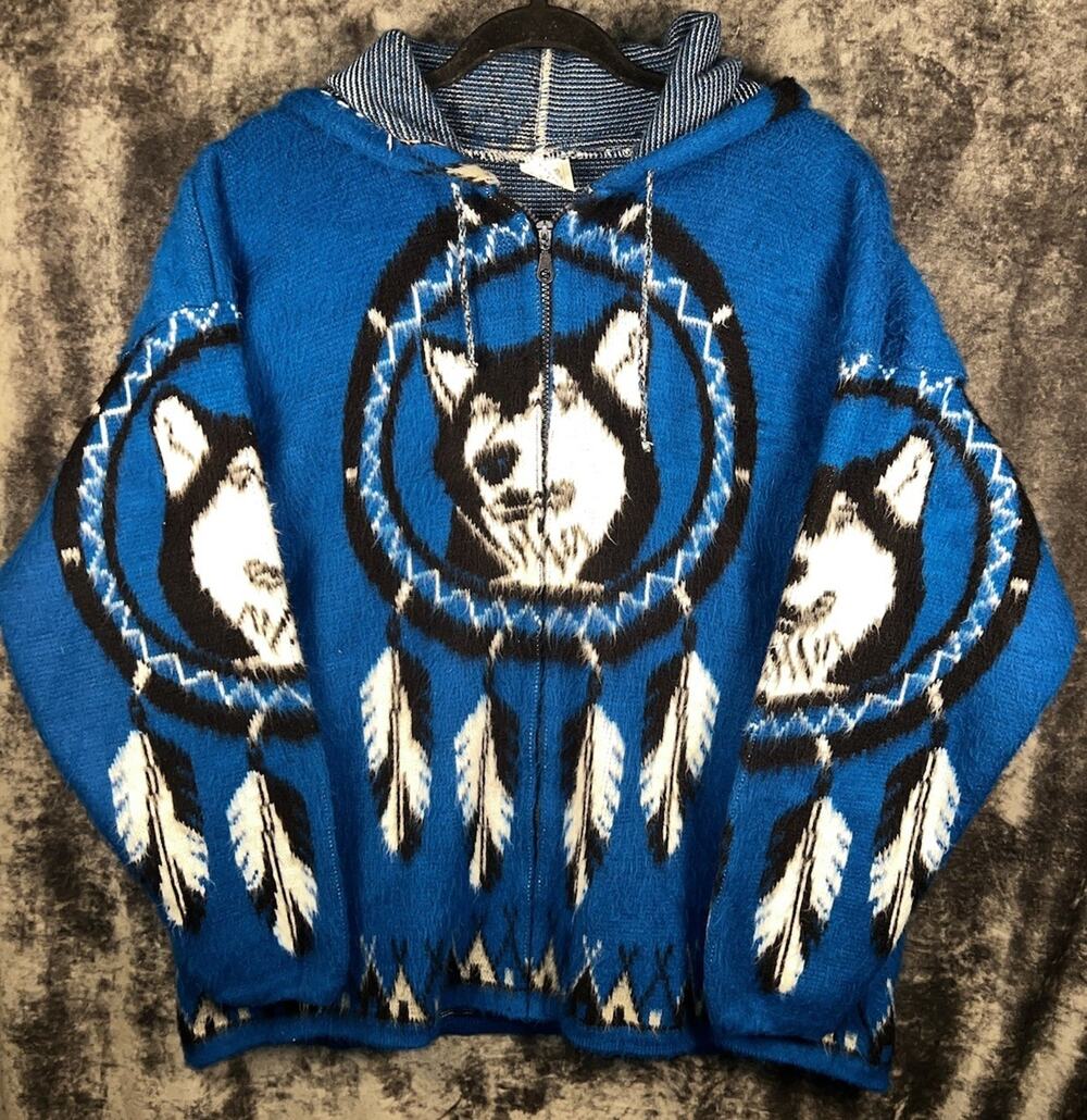 Vintage Yarina Wool Husky Dreamcatcher L Hooded Sweater Jacket Aztec Ecuador